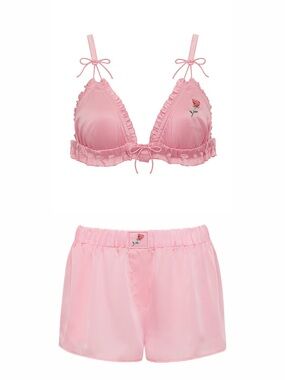 For Love And Lemons Everyday Pink Ruffle Triangle Bralette & Shorts Set